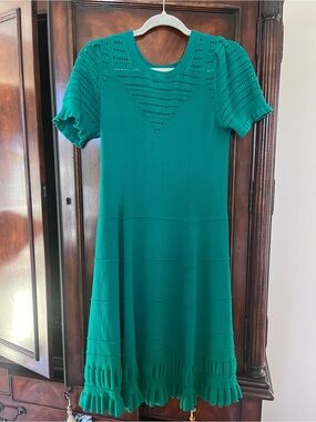 Anthropologie Maeve Kelly Green Open-Knit Crew Sweater Dress